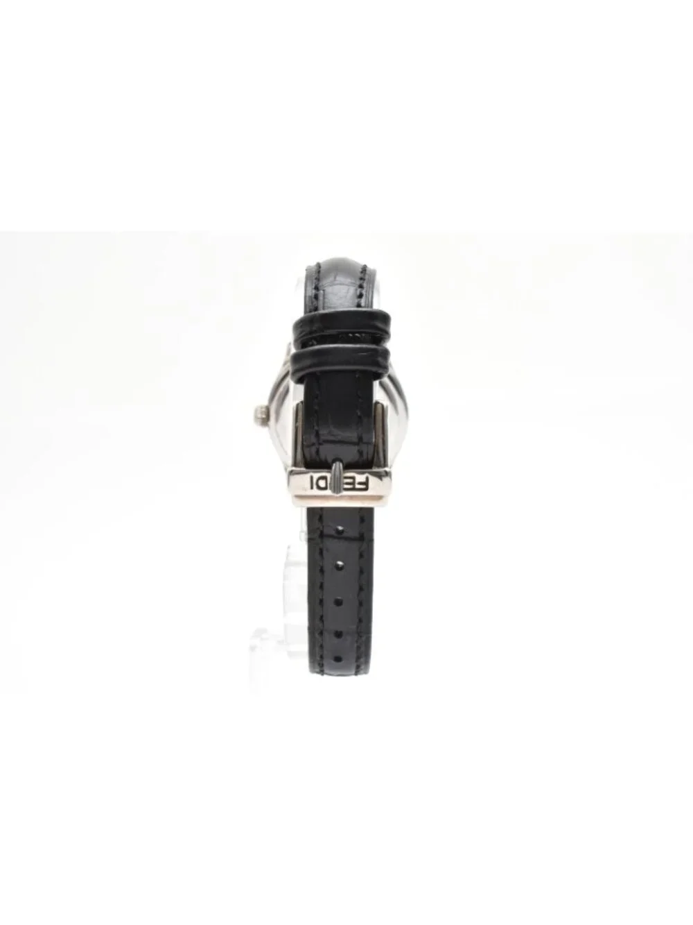 Fendi Quartz Watch Gray Dial Roman Numeral Date Stainless Steel Black Leather